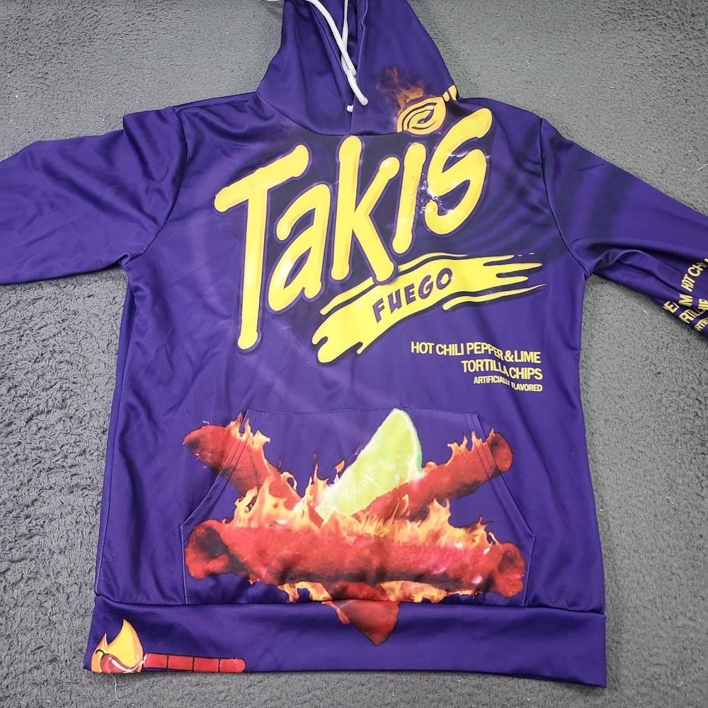Takis Hoodie Mens Medium Purple Fuego Graphic Pullover Snack Sweatshirt Top